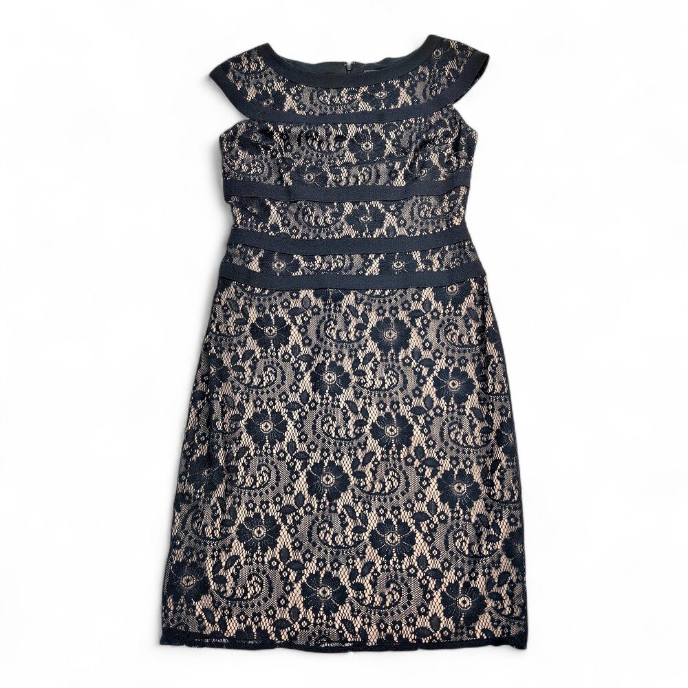 Adrianna Papell Black Lace Sheath Dress Size 10 Cap Sleeve